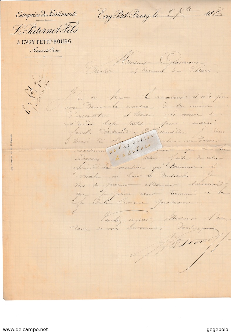 91 - EVRY PETIT BOURG - Entreprise De Bâtiments L.Paternot Fils -  Lettre De 1886 ?    ( Rare ) - 1800 – 1899