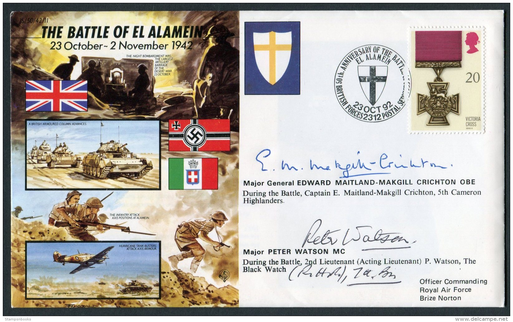 1992 GB Battle Of El Alamein BFPS 2312 Signed 5th Cameron Higlanders, Black Watch RAF Flight Cover - Cairo - Covers & Documents