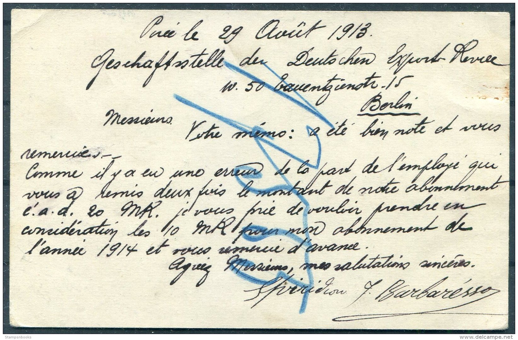 1913 Greece Stationery Postcard. Piree - Berlin Germany - Briefe U. Dokumente