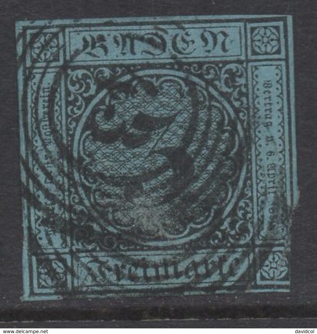 P508.-. BADEN- GERMANY. 1858. MI#: 8. 3K BLUE. CAT VAL: EUR 40. SHORT MARGINS - Oblitérés