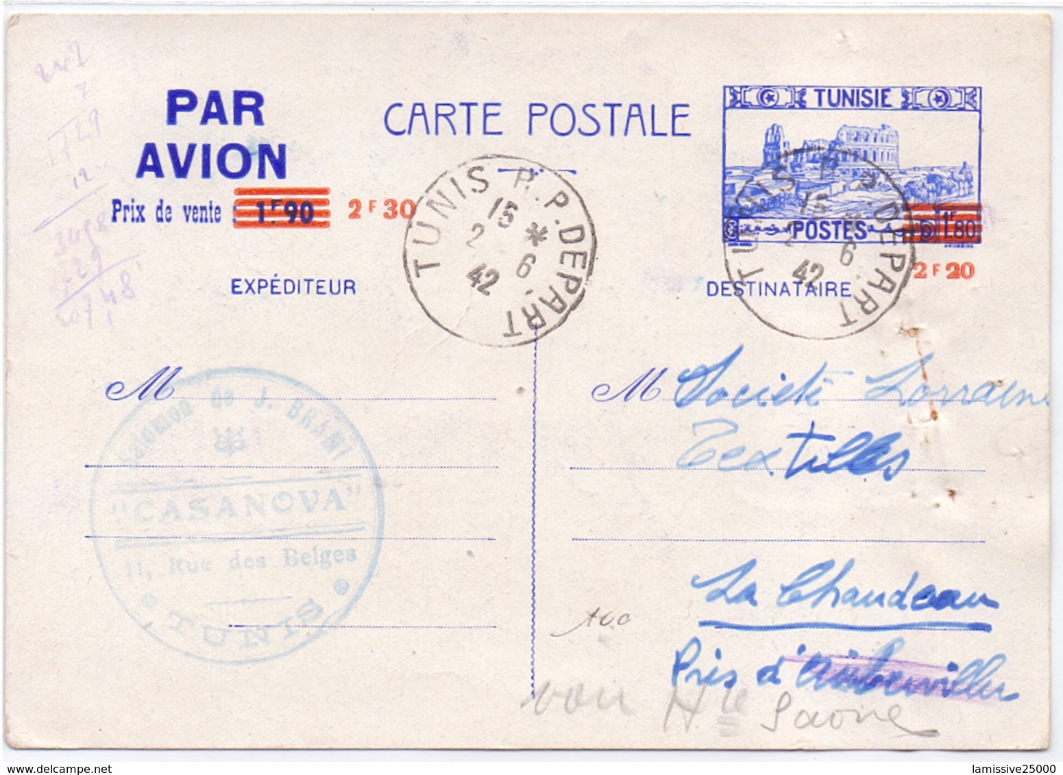 Tunisie Entier Carte Par Avion 1.90 Fr Surcharge 2.30 Fr Pour Aillevillers Haute Saone - Briefe U. Dokumente