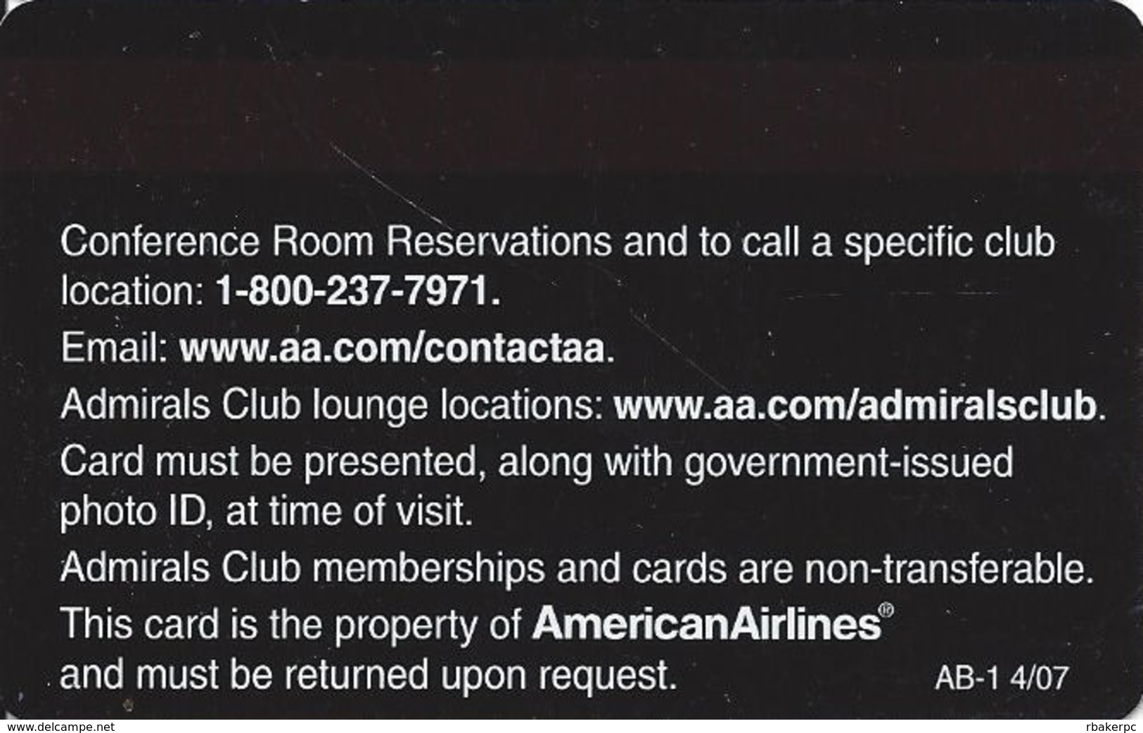 American Airlines Admirals Club Card With AB-1 4/07 On Back - Other & Unclassified