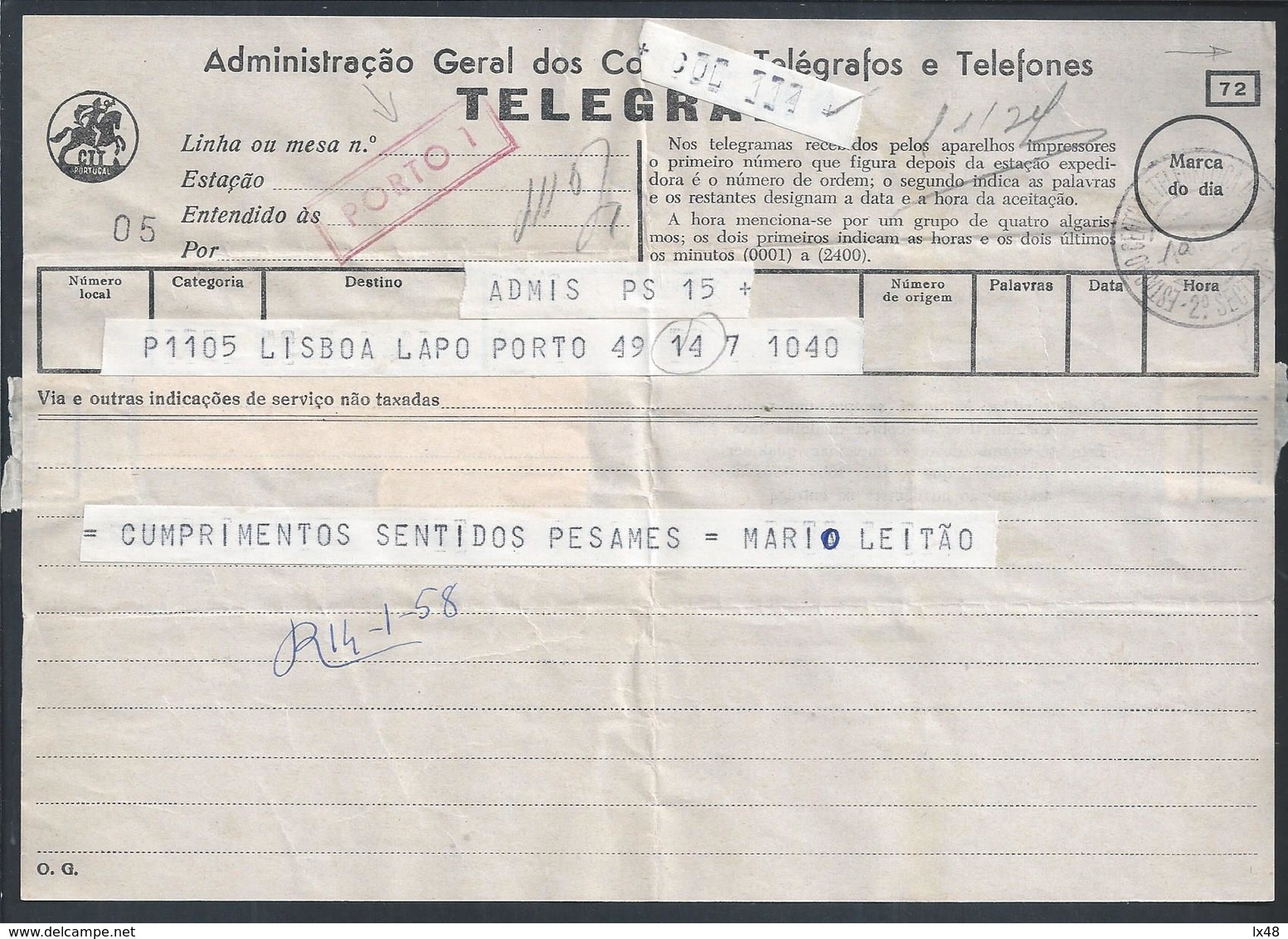 Telegrama Com Marca Do 'Porto1' A Vermelho, Obliteração Do 2º Sector Da Estação Telegráfica De Lisboa Em 1958. Rare - Storia Postale