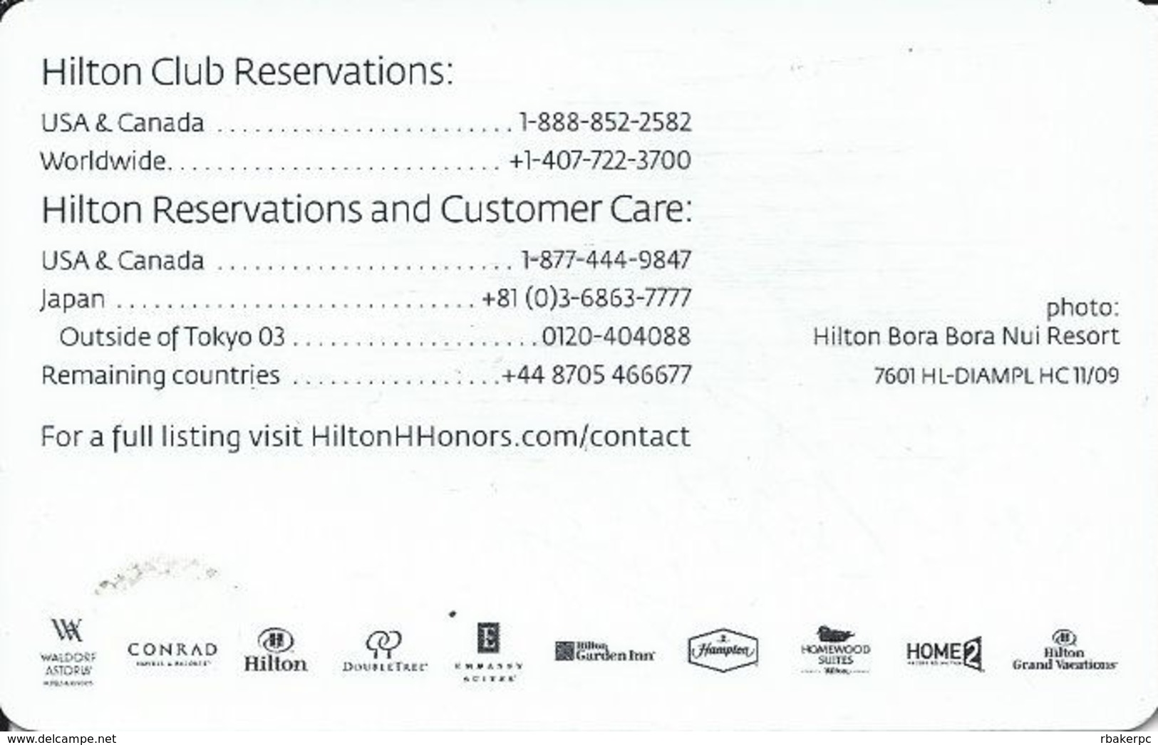 Hilton HHonors Diamond Card With HL-DIAMPL 11/09 On Back - Other & Unclassified