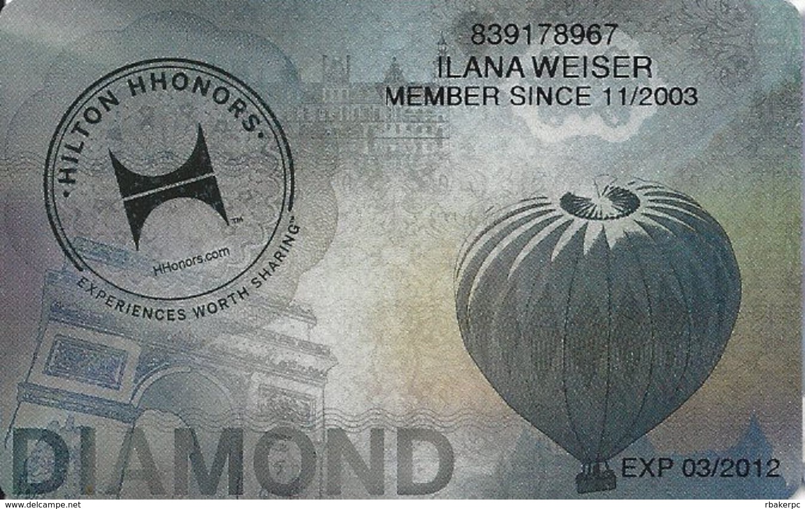 Hilton HHonors Diamond Card With HL-DIAMPL 12/10 On Back - Other & Unclassified