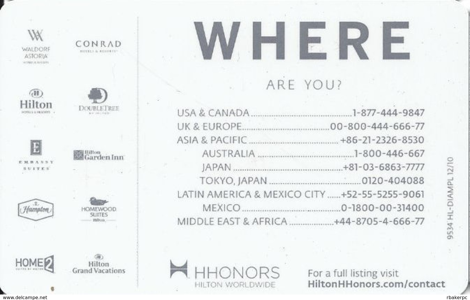 Hilton HHonors Diamond Card With HL-DIAMPL 12/10 On Back - Other & Unclassified