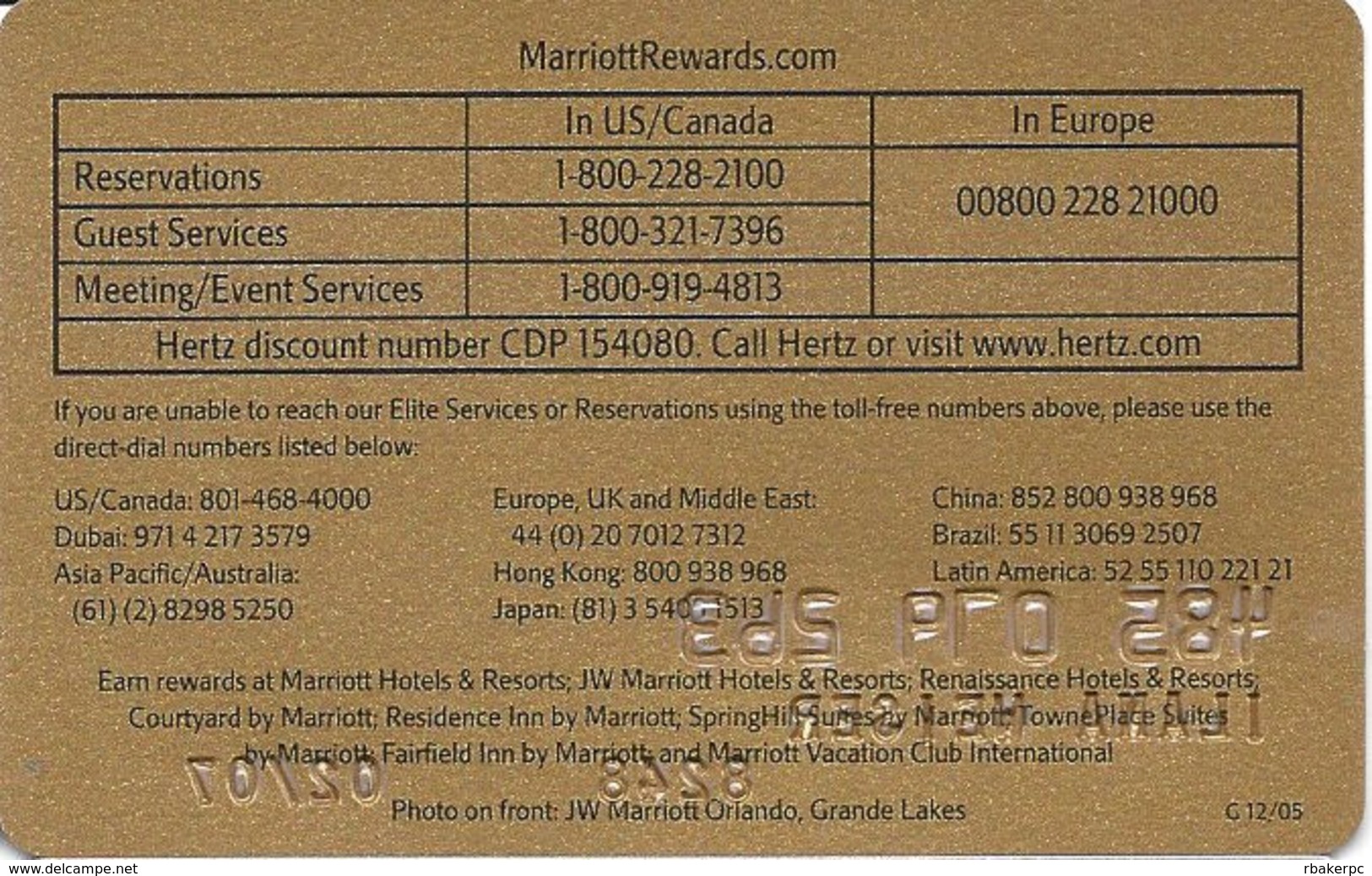 Marriott Reards Gold Elite Card With G 12/05 On Back - Other & Unclassified