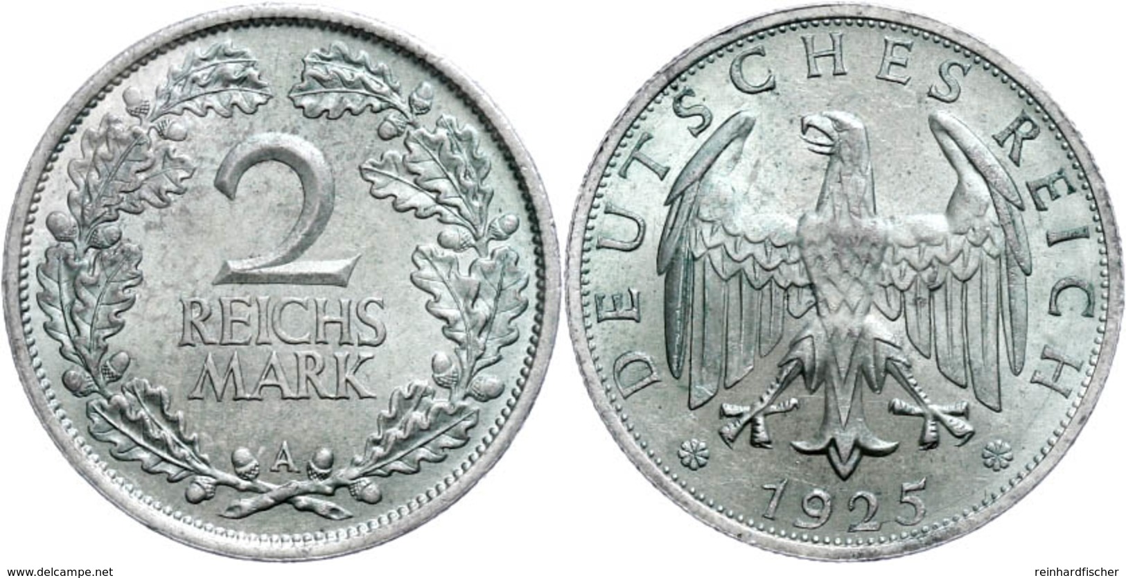335 2 Reichsmark, 1925 A, Etwas Grünspan, Vz-st., Katalog: J. 320 Vz-st - Other & Unclassified