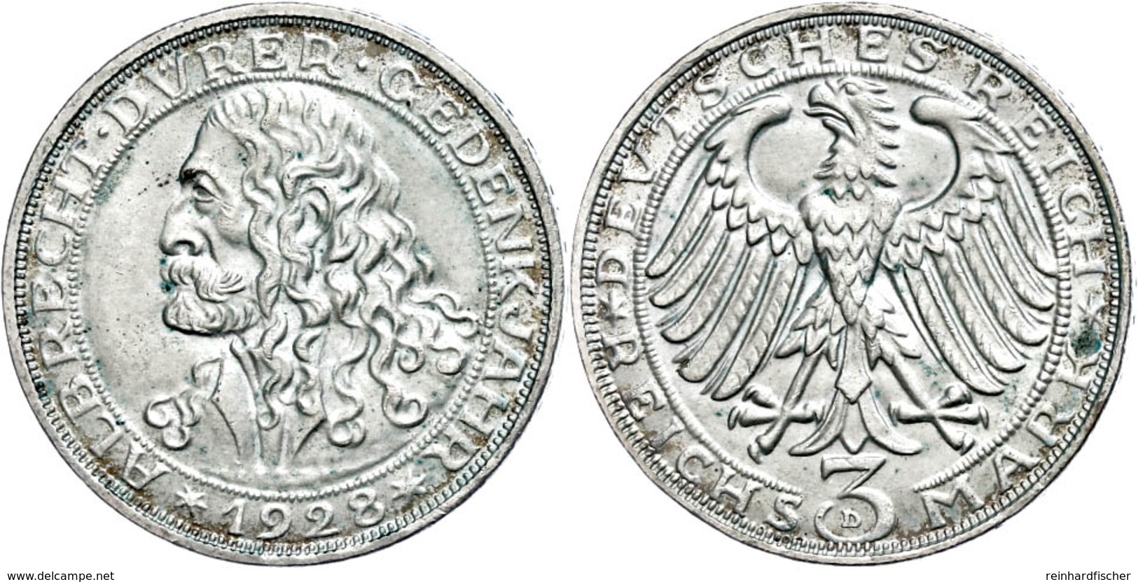 349 3 Reichsmark, 1928, Dürer, Etwas Grünspan, Kl. Rf., Vz-st., Katalog: J. 332 Vz-st - Altri & Non Classificati