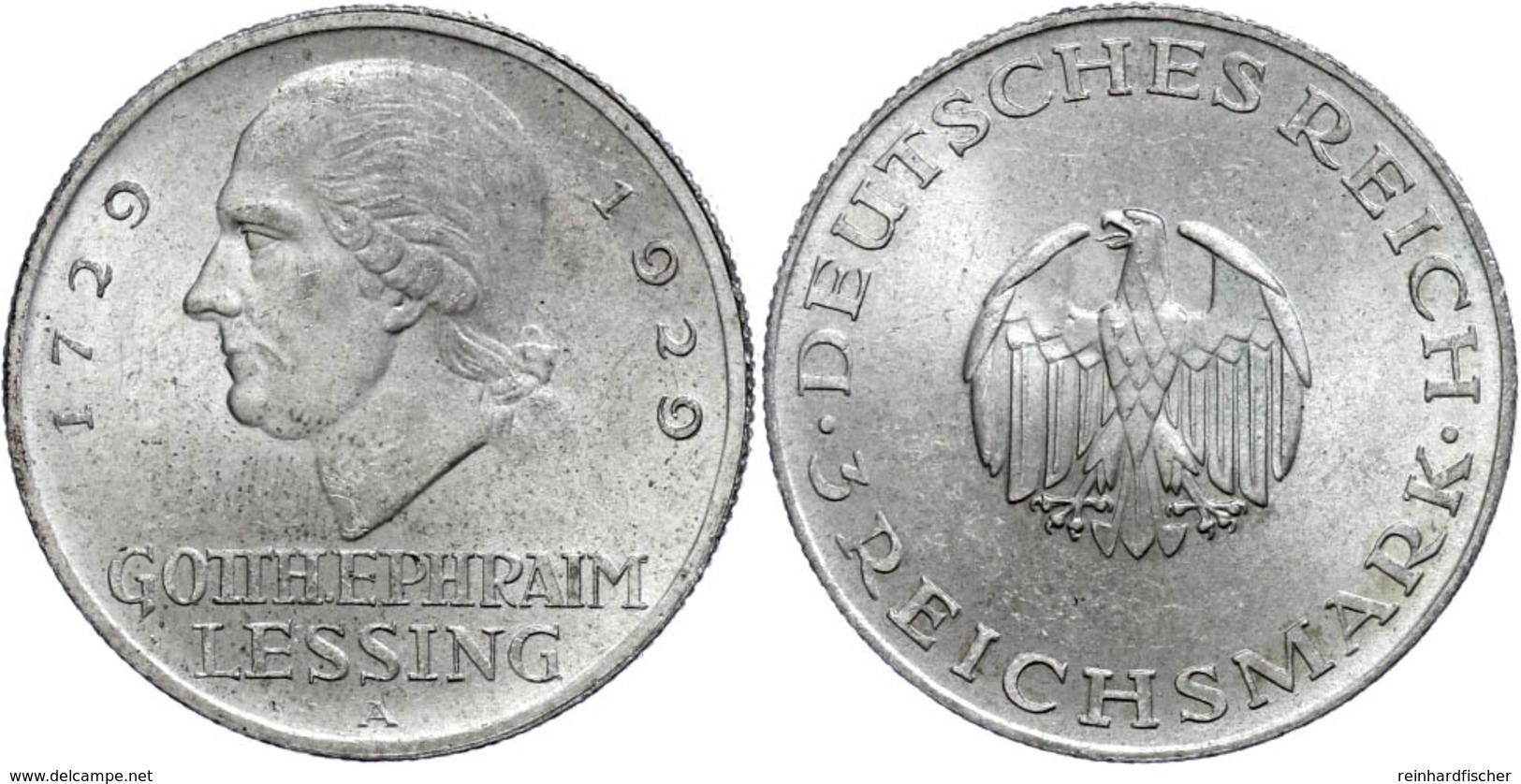 353 3 Reichsmark, 1929, A, Lessing, Kl. Rf., Vz., Katalog: J. 335 Vz - Altri & Non Classificati