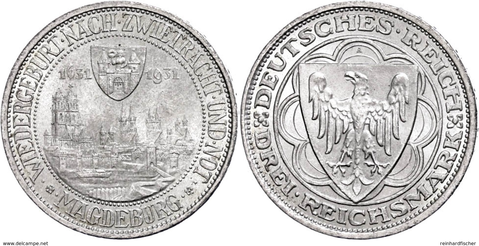 374 3 Reichsmark, 1931, Magdeburg, Kl. Rf., Vz-st., Katalog: J. 347 Vz-st - Other & Unclassified