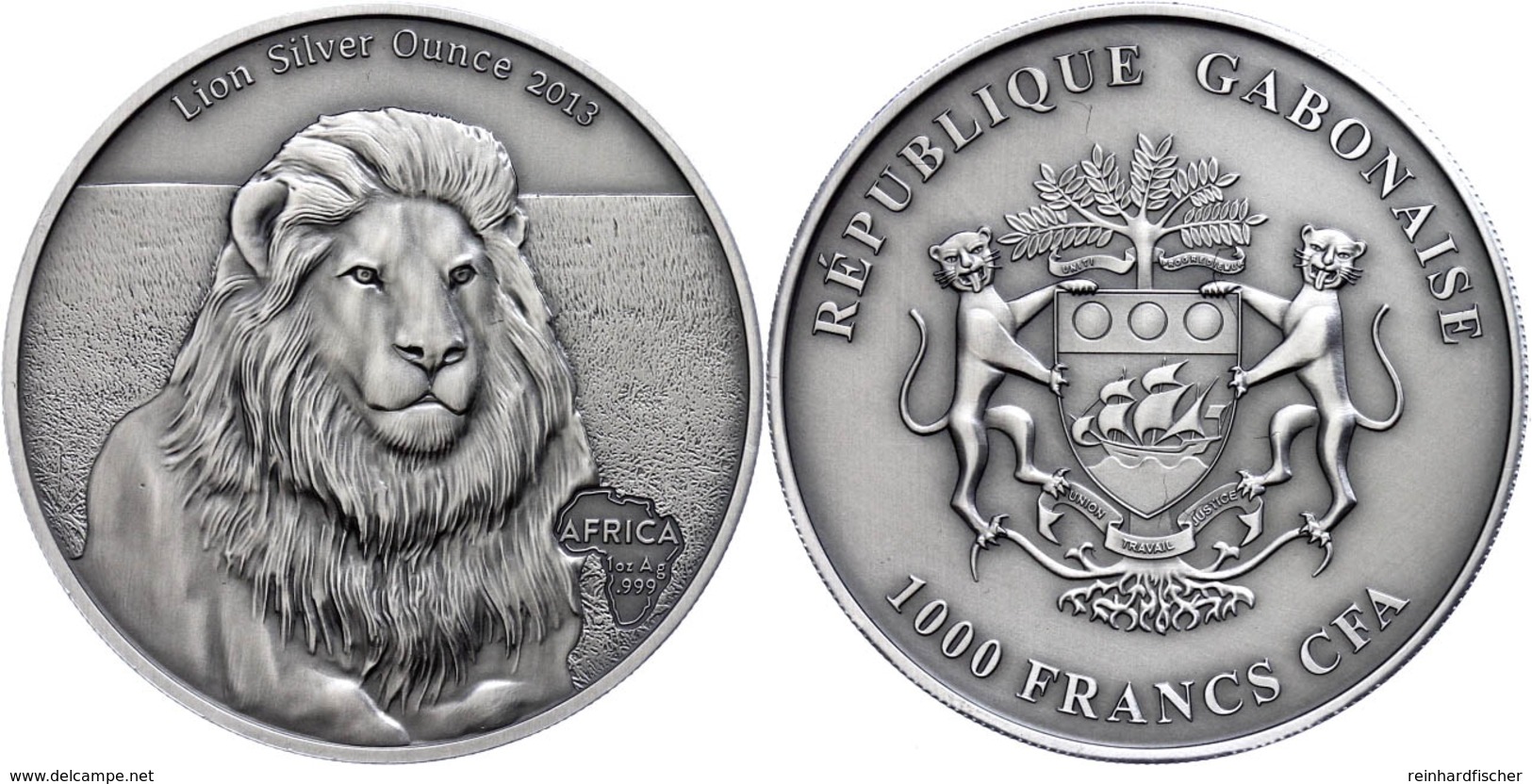 602 1.000 Francs, 2013, Africa - Löwe, 1 Unzen Silber, Antik Finish, In Kapsel Mit Zertifikat, St. Auflage Nur 2.000 Stü - Gabon