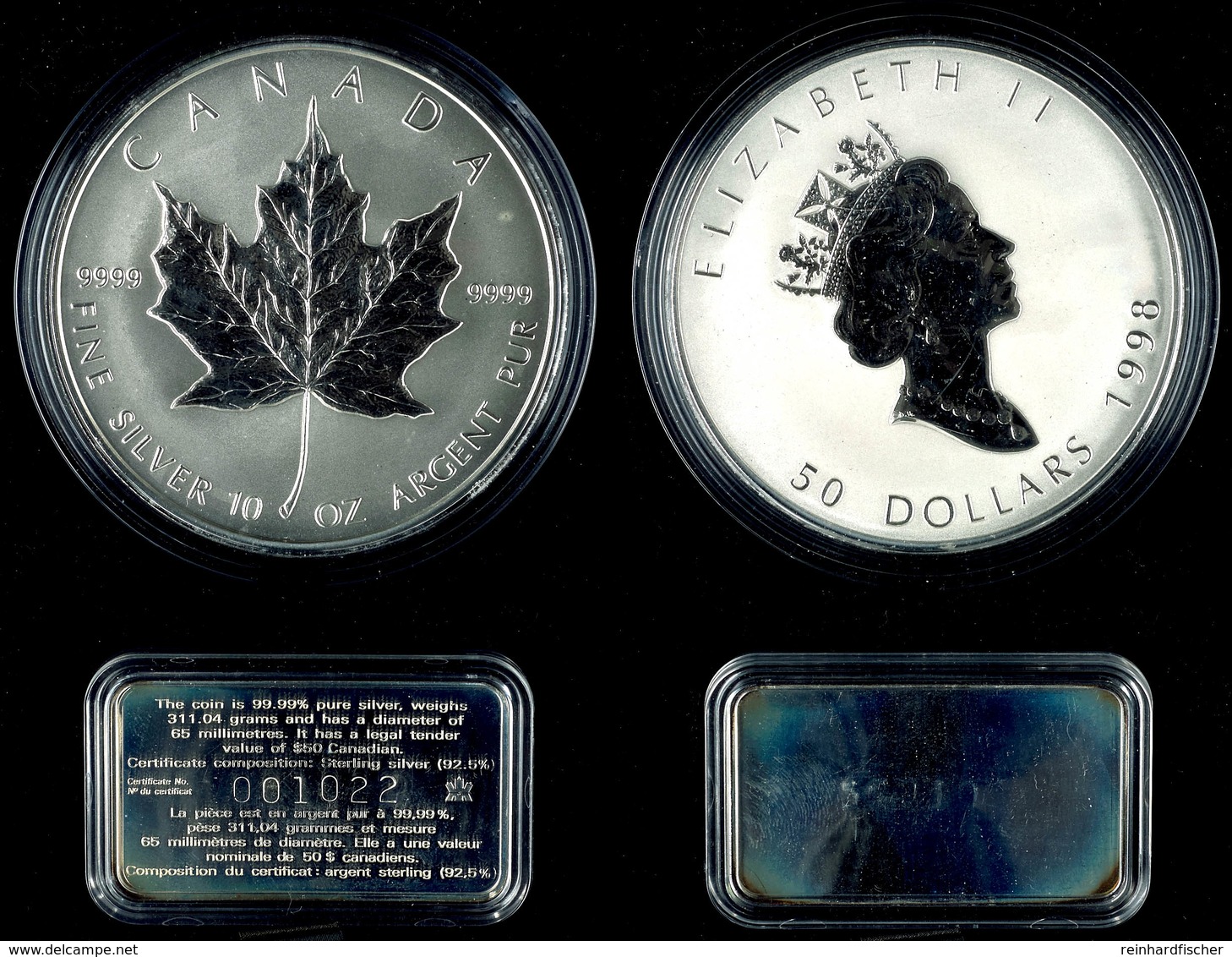 636 50 Dollars, 1998, 10 Jahre Maple Leaf, 10 Unzen Silber, KM 326, Mit Barren In Ausgabeschatulle, St.  St - Canada