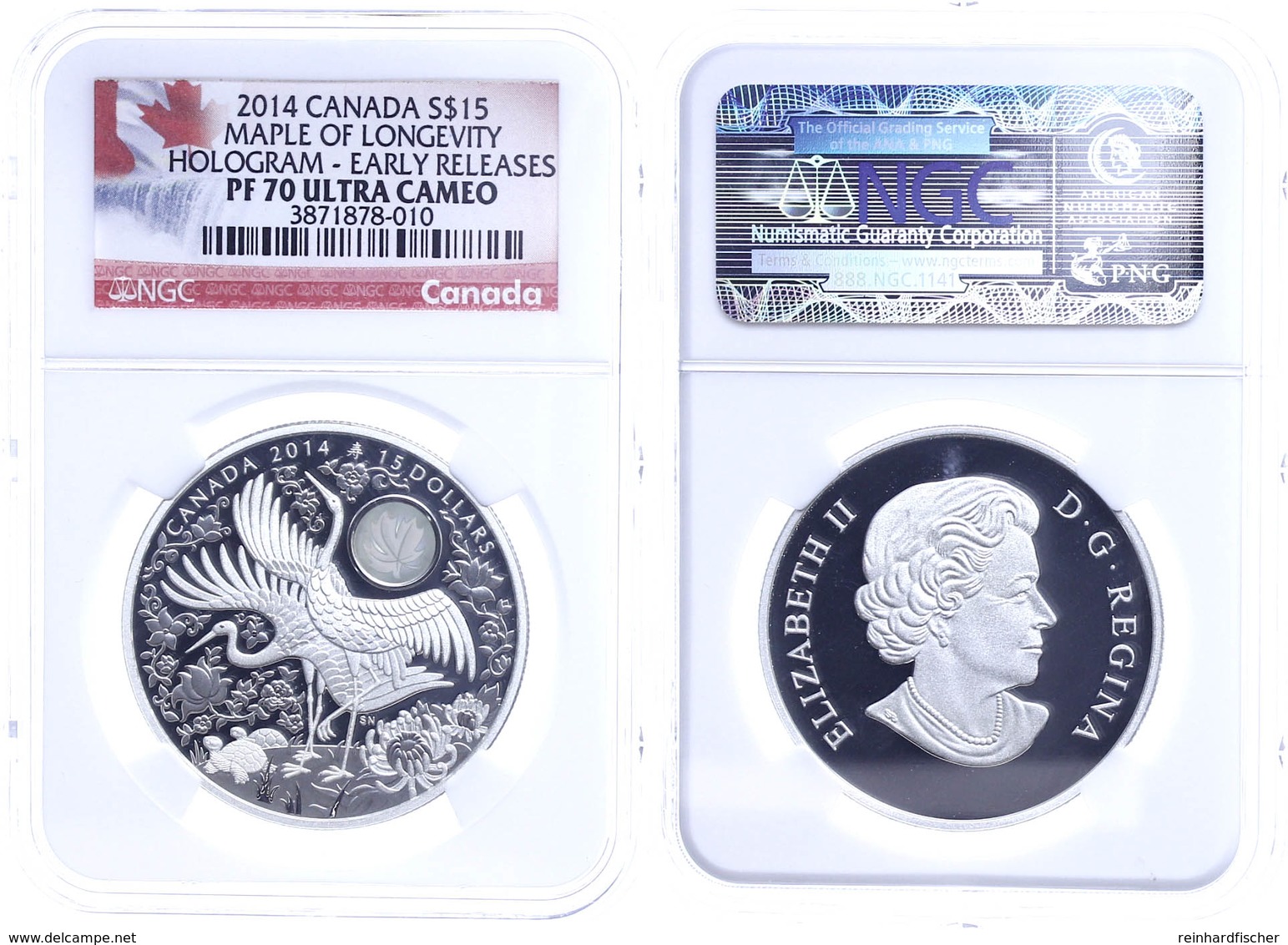 652 15 Dollars, 2014, Maple Of Longevity, In Slab Der NGC Mit Der Bewertung PF70 Ultra Cameo, Hologram Early Release, Fl - Canada