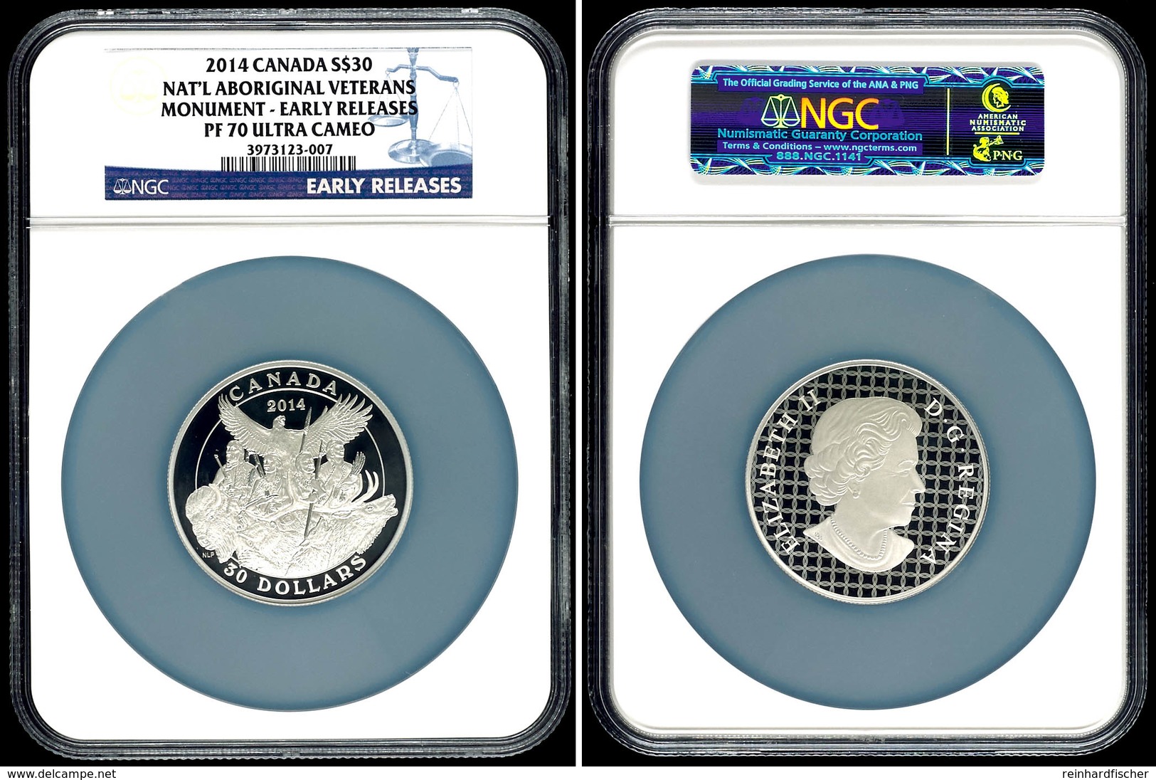 655 30 Dollars, 2014, National Aboriginal Veterans Monument, In Slab Der NGC Mit Der Bewertung PF70 Ultra Cameo, Early R - Canada