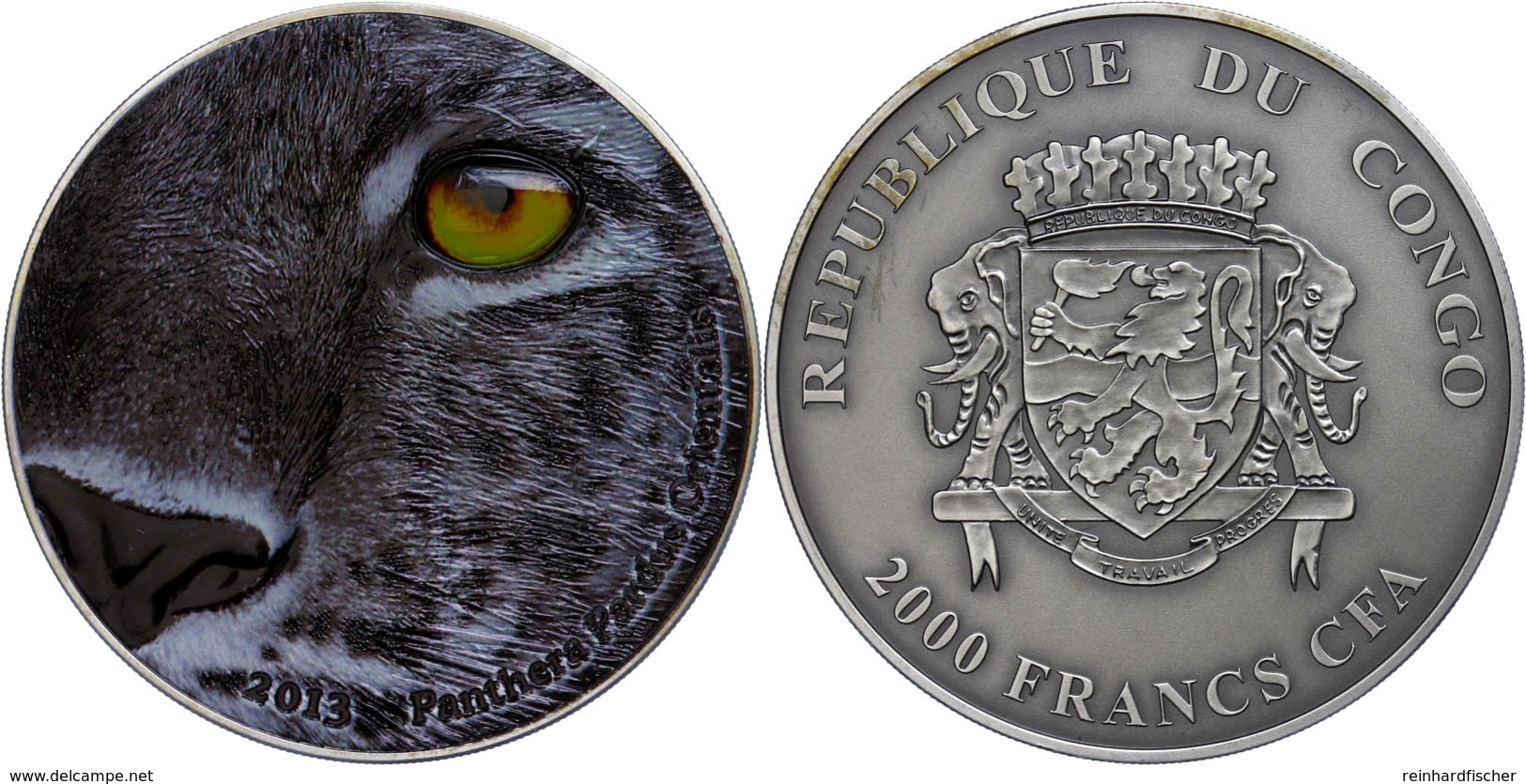 684 2.000 Francs, 2013, Natures Eyes - Amur Leopard,  2 Unzen Silber, Antik Finish, Etui Mit OVP Und Zertifikat, St. Auf - Kongo - Zaire (Dem. Republik, 1964-70)