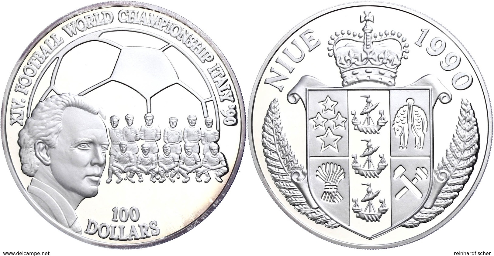 737 100 Dollars, Silber, 1990, Franz Beckenbauer, 5 Oz, 999er Silber, 155,55 G, KM 73, Schön 57, In Kapsel, Mit Zertifik - Niue