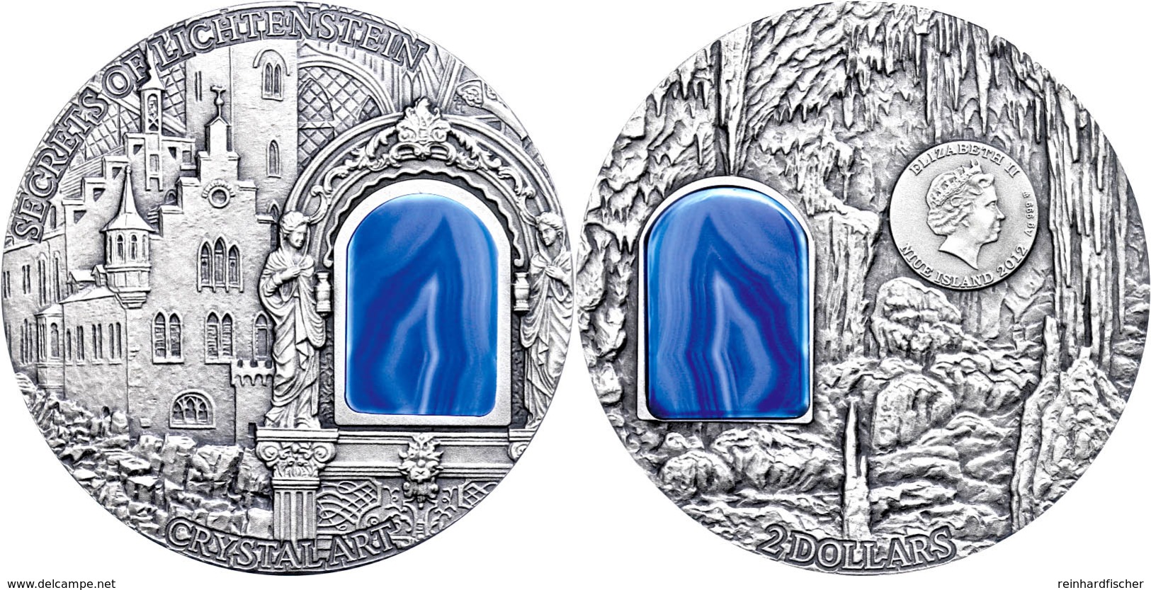 739 2 Dollars, 2012, Crystal Art - Secrets Of Lichtenstein, 2 Unze Silber, Oxidiert, Etui Mit OVP Und Zertifikat, St. Au - Niue