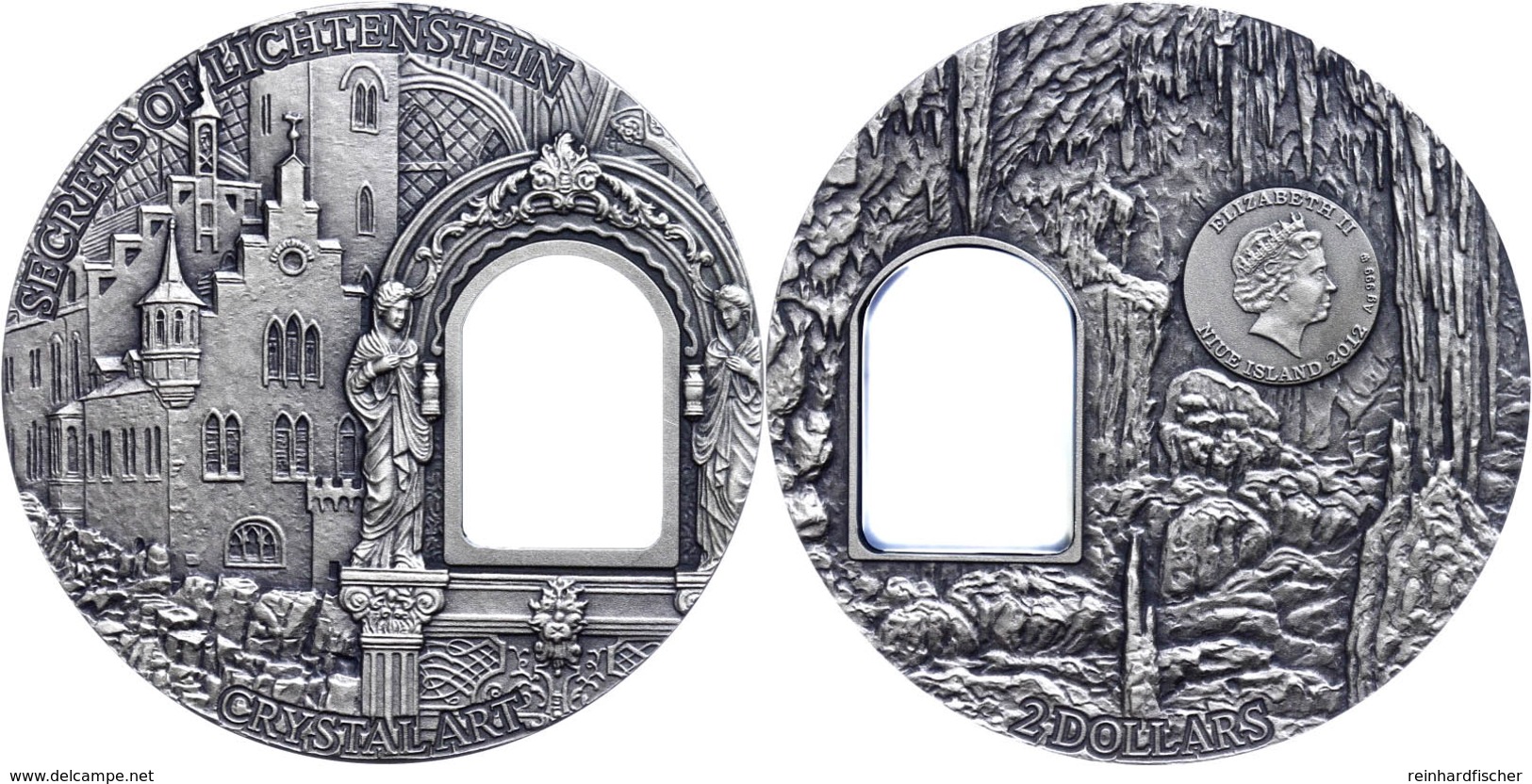 740 2 Dollars, 2012, Crystal Art - Secrets Of Lichtenstein, 2 Unze Silber, Oxidiert, Etui Mit OVP Und Zertifikat, St. Au - Niue