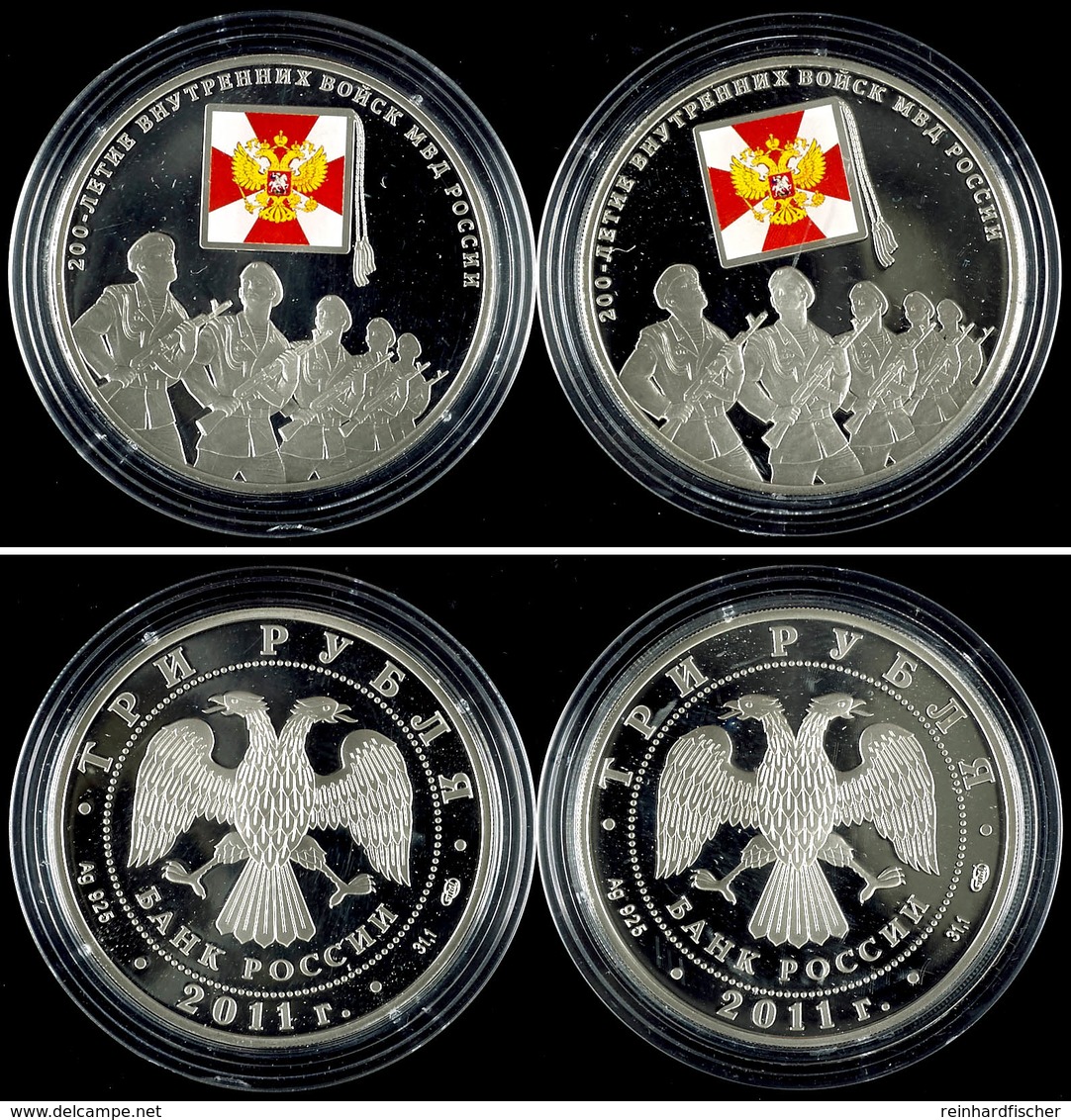 804 Lot Zu 2x 3 Rubel, 2011, 200 Jahre Innere Streitkräfte, Je 1 Unze Silber, Coloriert, In Kapseln, PP  PP - Russia