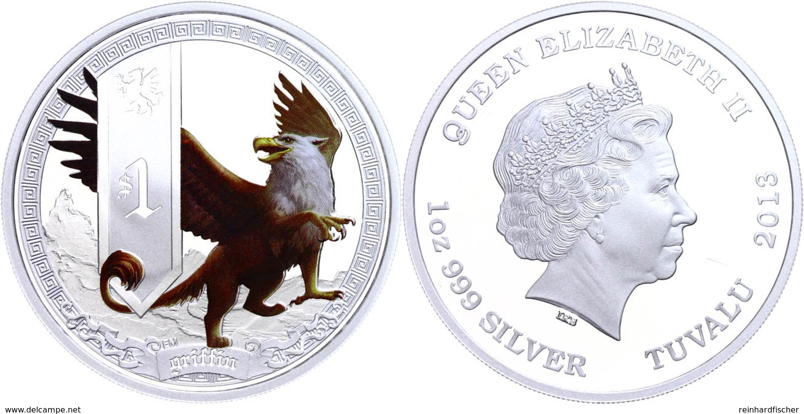 841 1 Dollar, 2013, Griffin, 1 Unze Silber, Coloriert, Etui Mit OVP Und Zertifikat, PP. Auflage Nur 5.000 Stück.  PP - Tuvalu