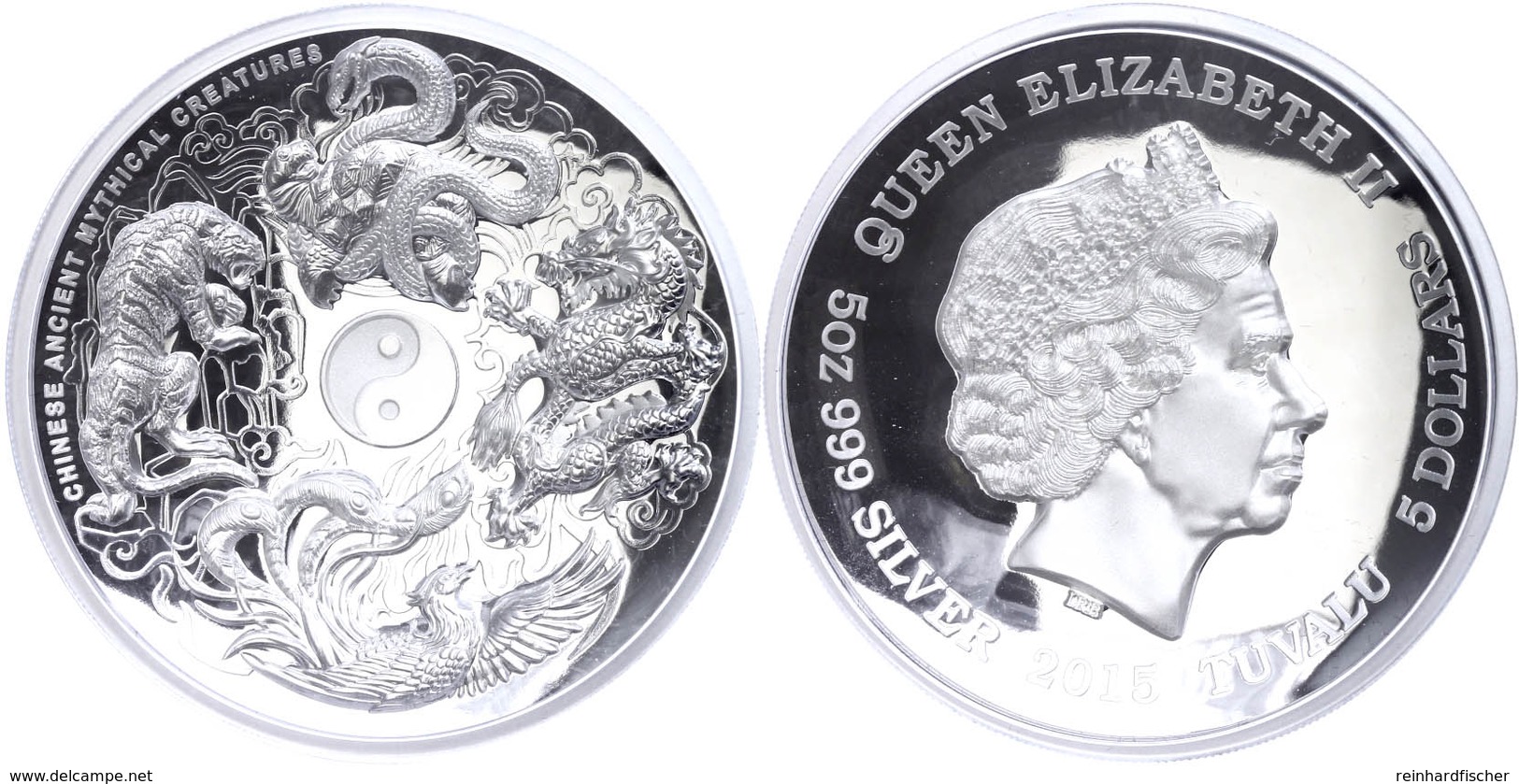 844 50 Dollars, 2015, Mythical Creatures - Chinesische Fabelwesen, 5 Unzen Silber, High Relief, Etui Mit OVP Und Zertifi - Tuvalu