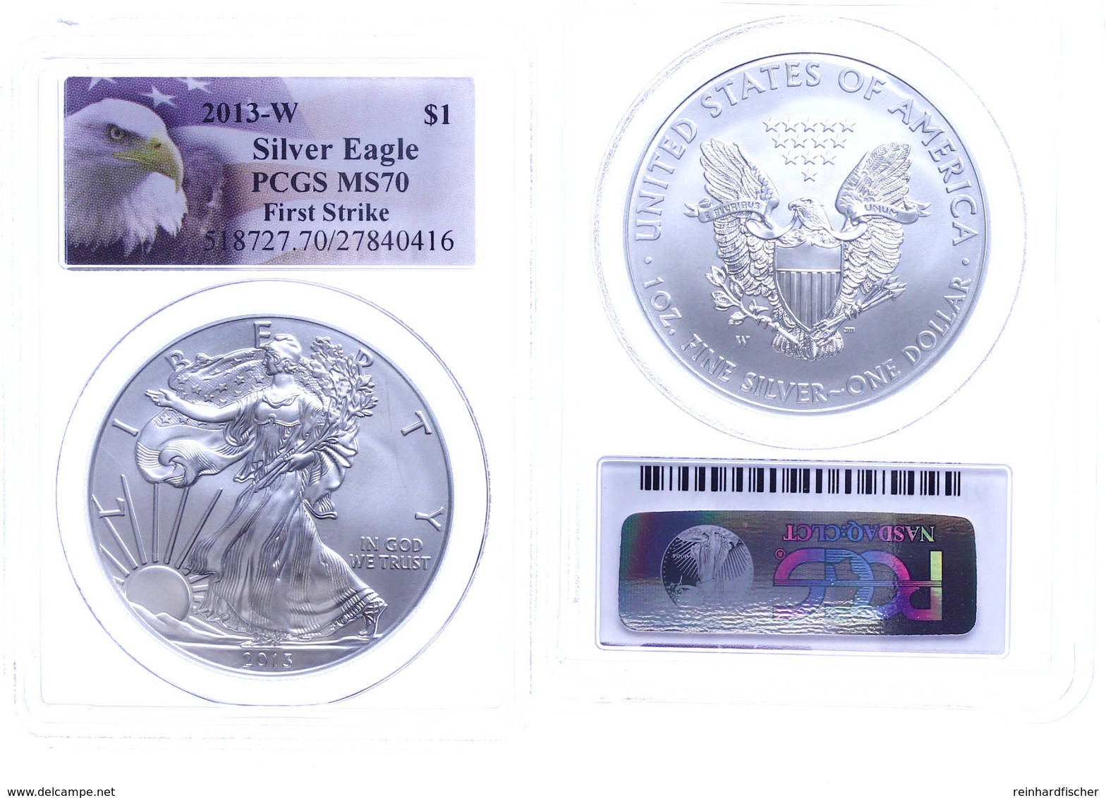 908 Dollar, 2013, Silver Eagle, In Slab Der PCGS Mit Der Bewertung MS70, First Strike, Eagle Label. - Altri & Non Classificati