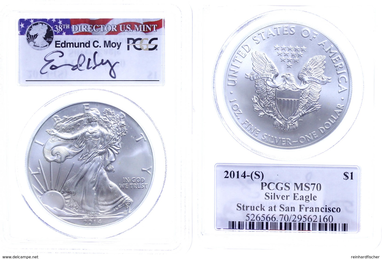 949 Dollar, 2014, Silver Eagle, In Slab Der PCGS Mit Der Bewertung MS70, Stuck At San Francisco, Edmund C. Moy Label. - Altri & Non Classificati