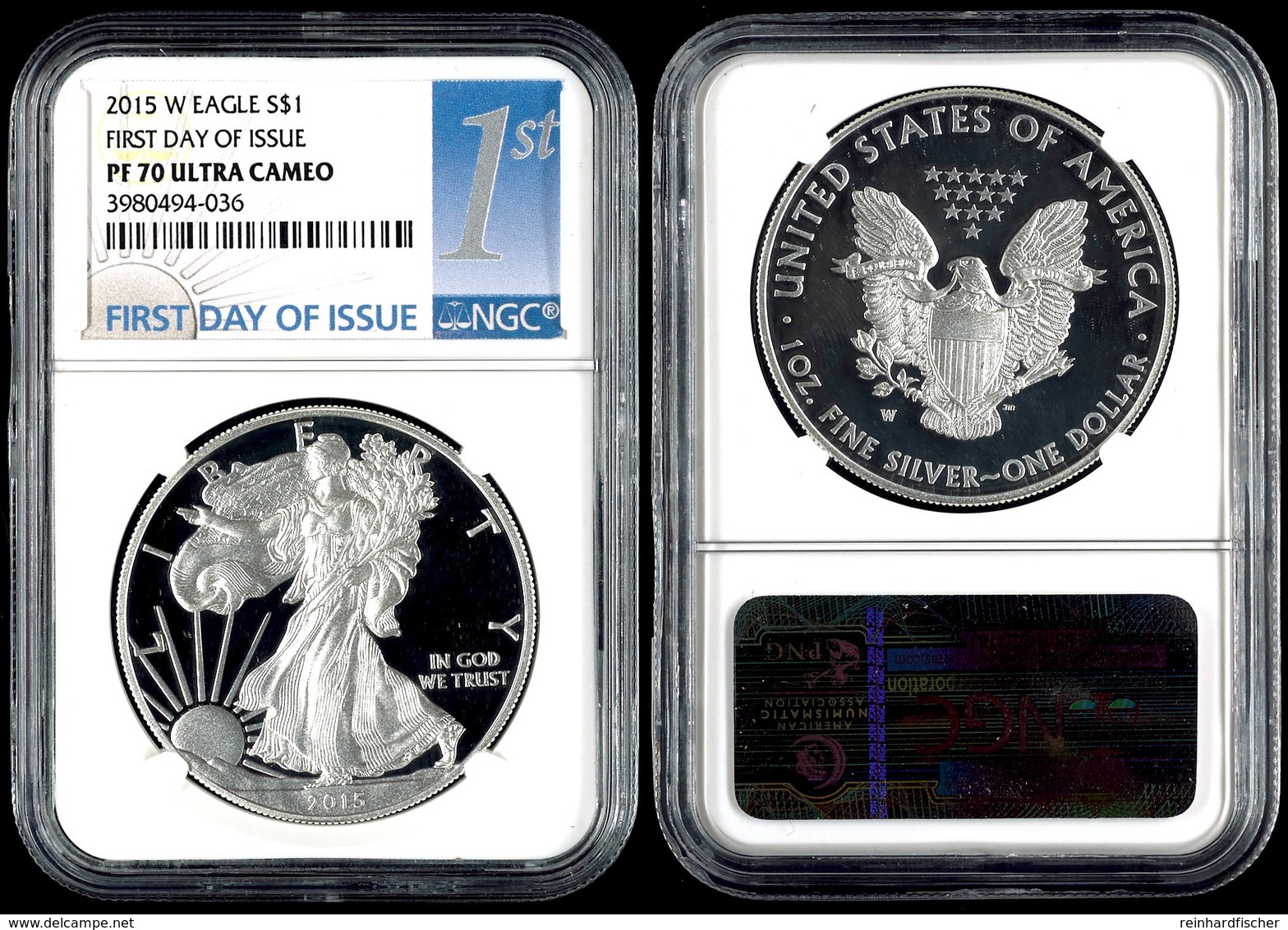 961 1 Dollar, 2015, W, Silver Eagle, In Slab Der NGC Mit Der Bewertung PF70 Ultra Cameo, First Day Of Issue Label. - Altri & Non Classificati
