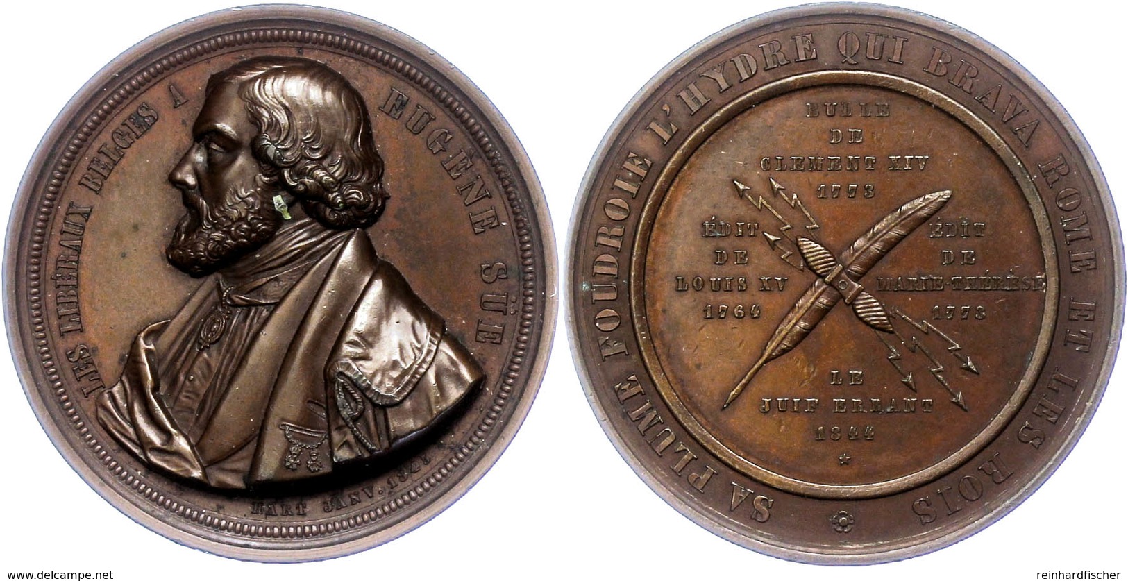 1054 Belgiem, Bronzemedaille (Dm. Ca. 54,10mm, Ca. 83,62g), 1845, Von Hart, Auf Eugèn Süe. Av: Brustbild Nach Links, Dar - Other & Unclassified