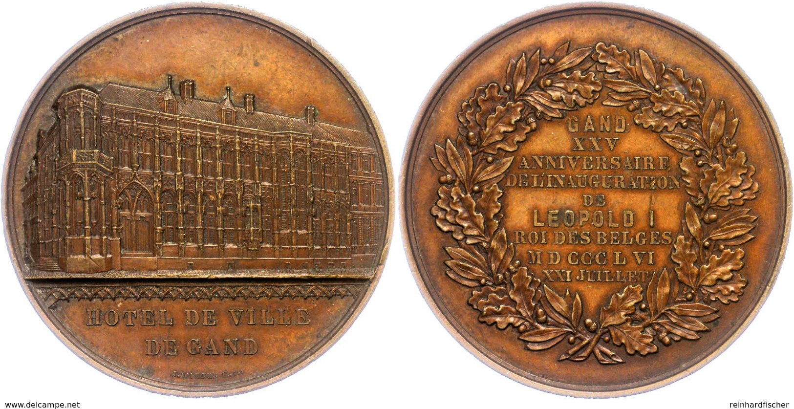 1058 Belgien, Leopold I., Bronzemedaille (Dm. Ca. 50,80mm, Ca. 47,15g), 1856, Von J. Wiener. Av: Ansicht Der Hotel De Vi - Altri & Non Classificati