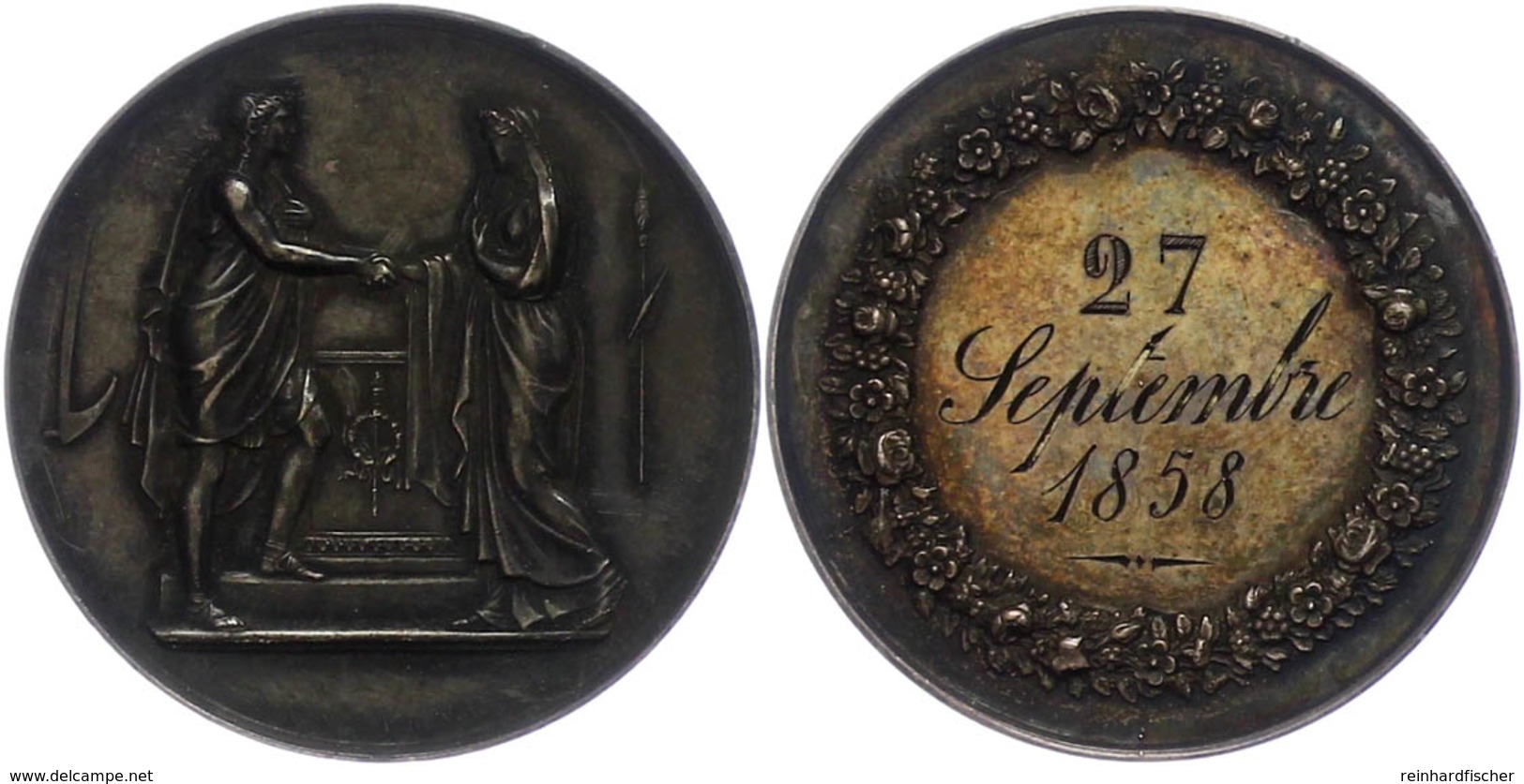 1060 Frankreich, Silbermedaille (Dm. Ca. 34,90mm, Ca. 17,68g), 1858, Von Montagny. Av: Männliche Und Weibliche Gestalt R - Altri & Non Classificati
