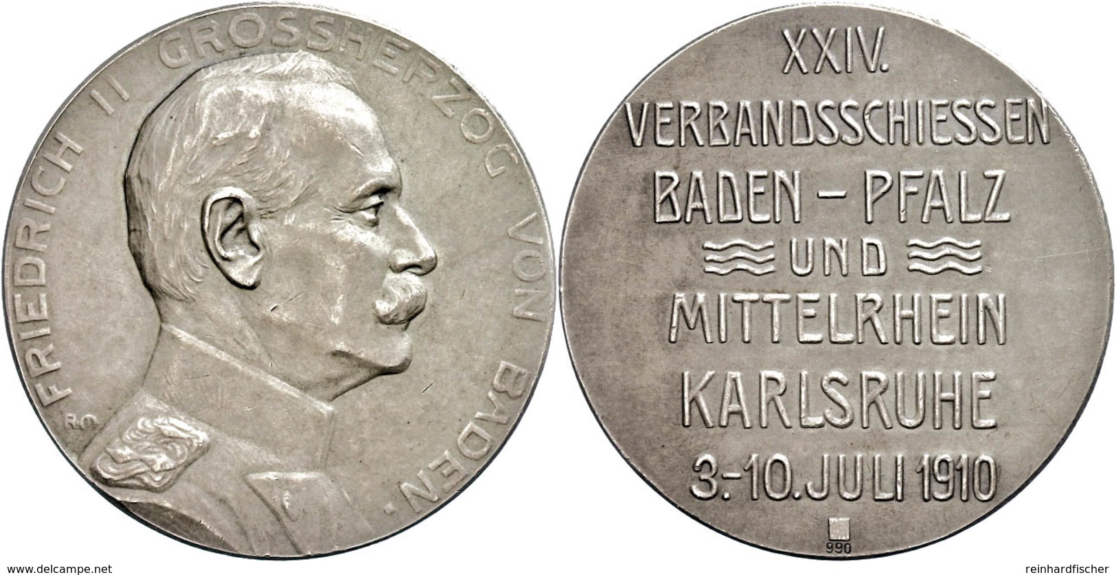 1113 Baden, Friedrich II., Silbermedaille (28,08g, Durchmesser Ca. 40mm), 1910, Von R. Mayer, Auf Das 24. Verbandsschieß - Altri & Non Classificati