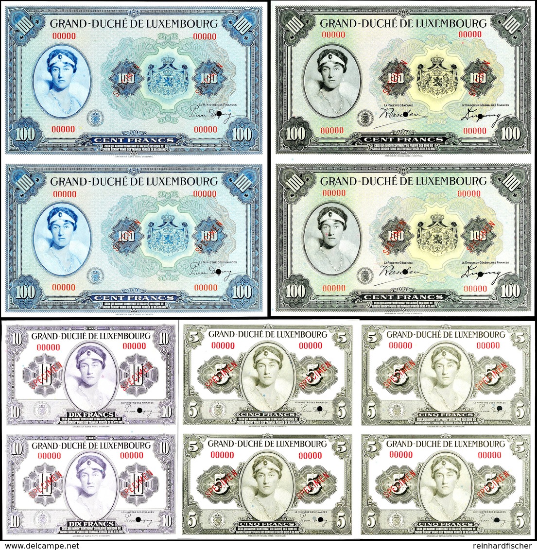 1342 Luxemburg, 4 X 5 Francs O.J. (1944), 4 X 10 Francs O.J. (1944), 2 X 100 Francs O.J. (1934), 2 X 100 Francs O.J. (19 - Other & Unclassified