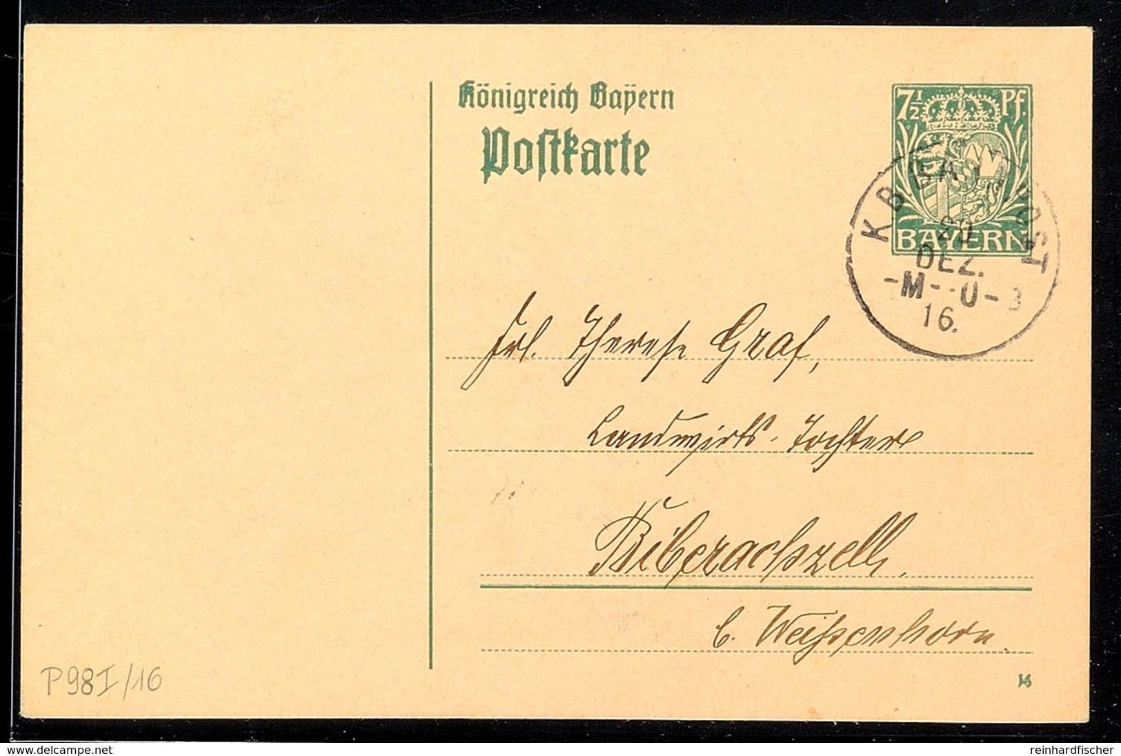 1591 "K.B.BAHNPOST -M--Ü-3 20 DEZ. 16", Auf GS-Postkarte 7 1/2 Pfg  Wappen In 1916 Nach Biberachzell, Katalog: P98I/01 B - Altri & Non Classificati