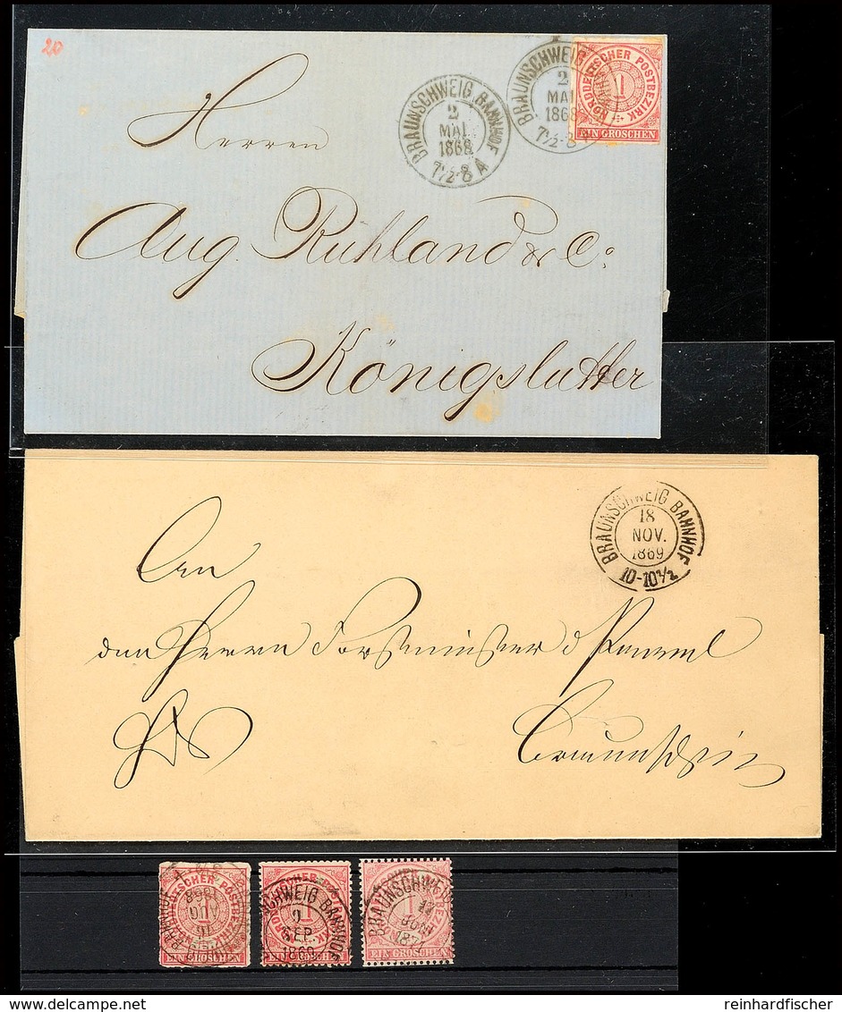 1658 "BRAUNSCHWEIG BAHNHOF" - K2, Mit Daten Aus 1868/71 Auf Drei Losen Marken, Einem Frankierten Brief Und Einem Unfrank - Braunschweig