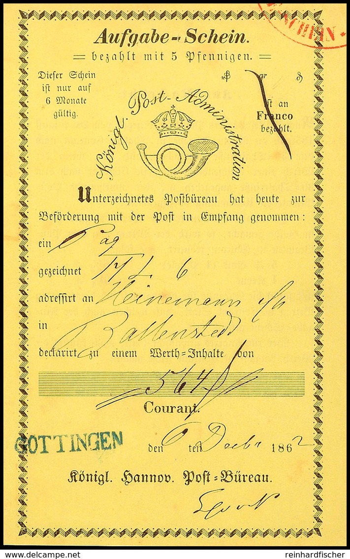1717 "GÖTTINGEN" - Blauer L1, Klar Auf Gelbem Postschein Aus 1862  BF - Hanover