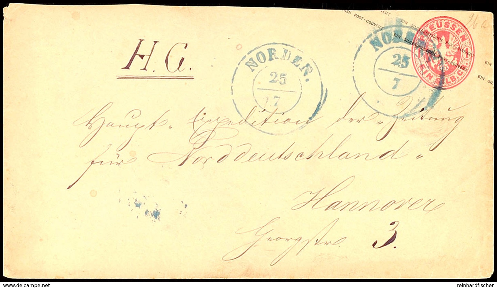 1799 "NORDEN 25/7" - Blauer K2, Auf GS-Kuvert Preußen 1 Sgr. Nach Hannover, Oben Minimal Verkürzt, Katalog: Pr. U26A BF - Hannover