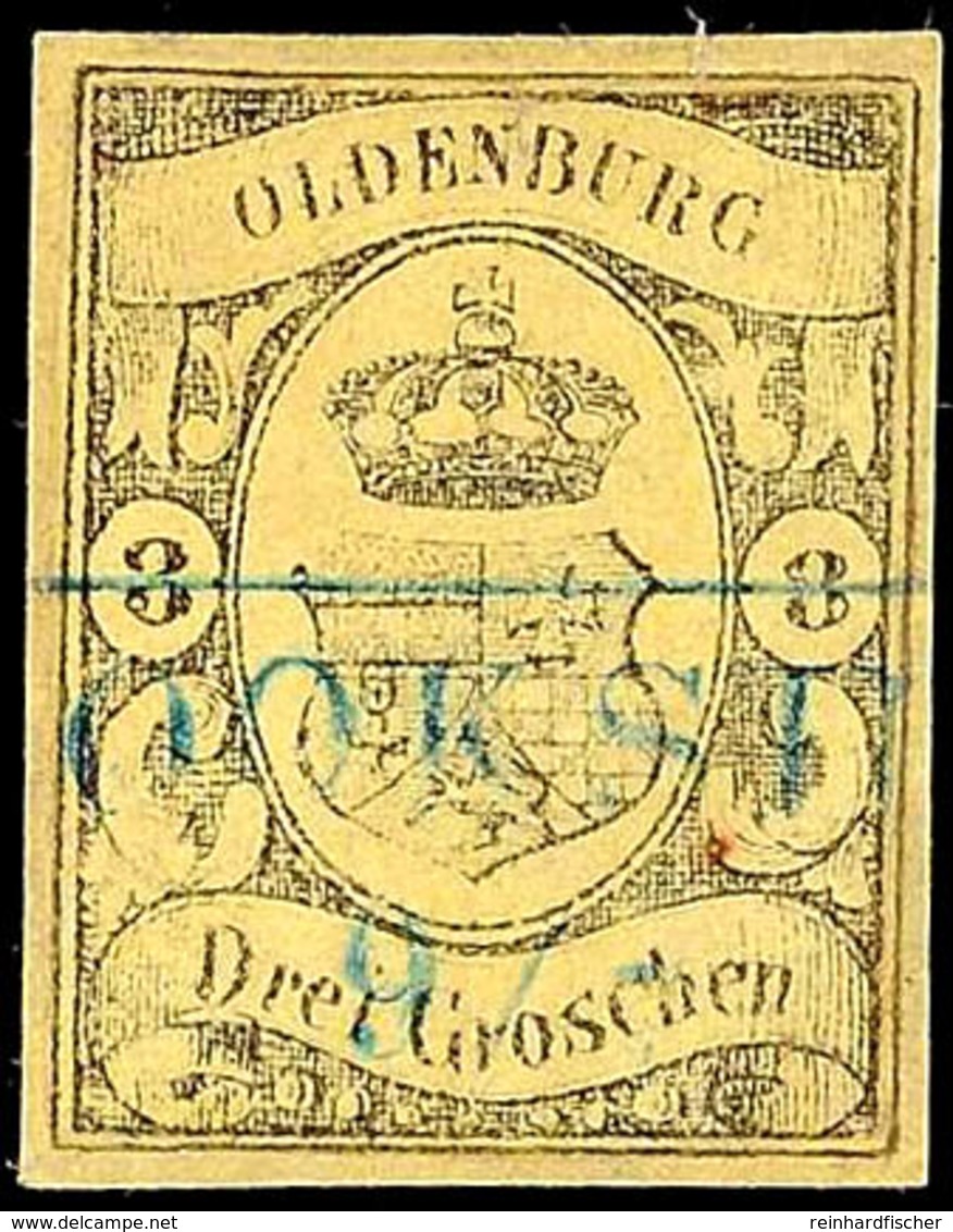 1849 3 Gr. A. Lebhaftgraugelb, Allseits Vollrandig Wirkendes, Restauriertes Exemplar (hinterlegt, Ränder Angesetzt), Bla - Oldenburg