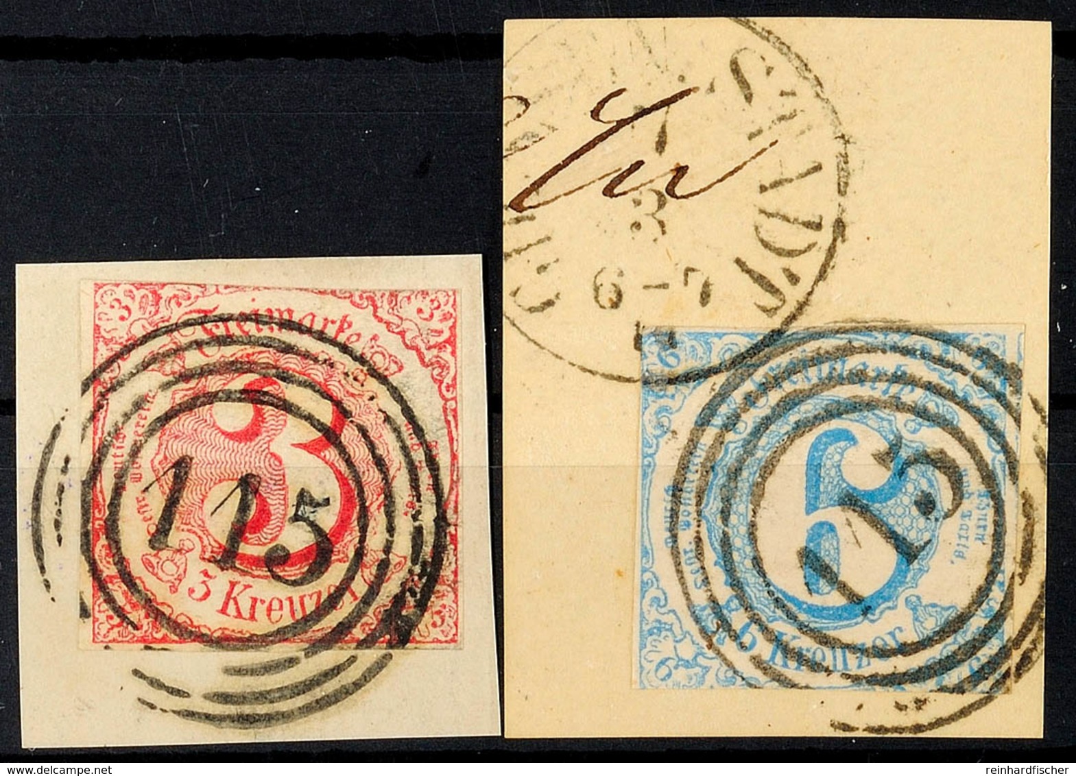 2693 "115" (Type II) - GIESSEN, Je Herrlich Klar Auf Zwei Briefstücken 3 Kr. Rosa Und 6 Kr. Hellblau, Taxisschnitt, Kata - Altri & Non Classificati