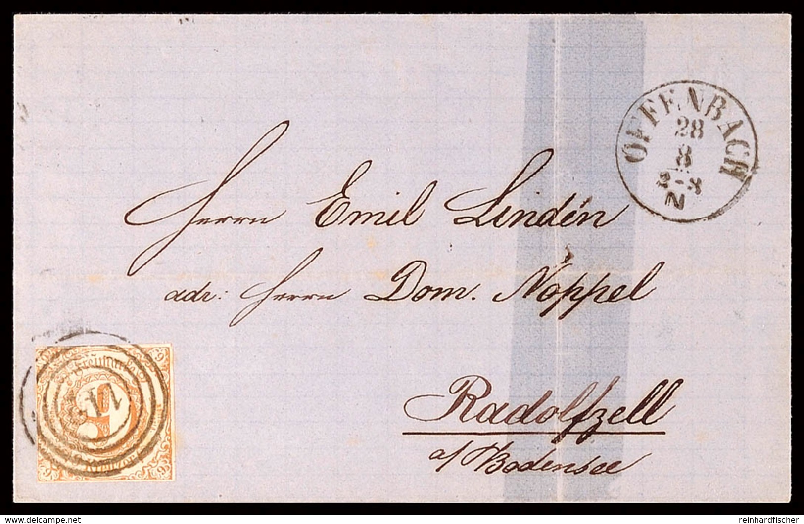 2703 "142" Nebst K1 "OFFENBACH 28 8 (1865)" Auf Postvereinsbrief Mit Vollrandiger 9 Kr. III.Ausgabe über Badische Bahnpo - Altri & Non Classificati