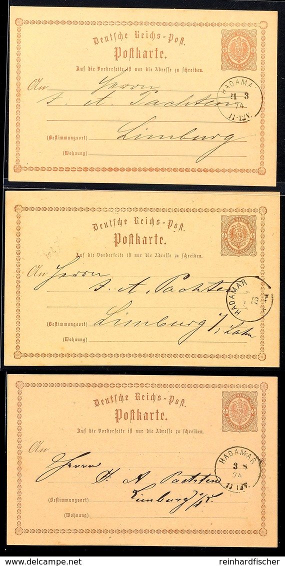 2898 "HADAMAR" - Grotesk-K1 (NDP-Ablöser), Klar Auf Drei GS-Postkarten DR 1/2 Gr. Nach Limburg/Lahn, Katalog: DRP1(3) BF - Sonstige & Ohne Zuordnung