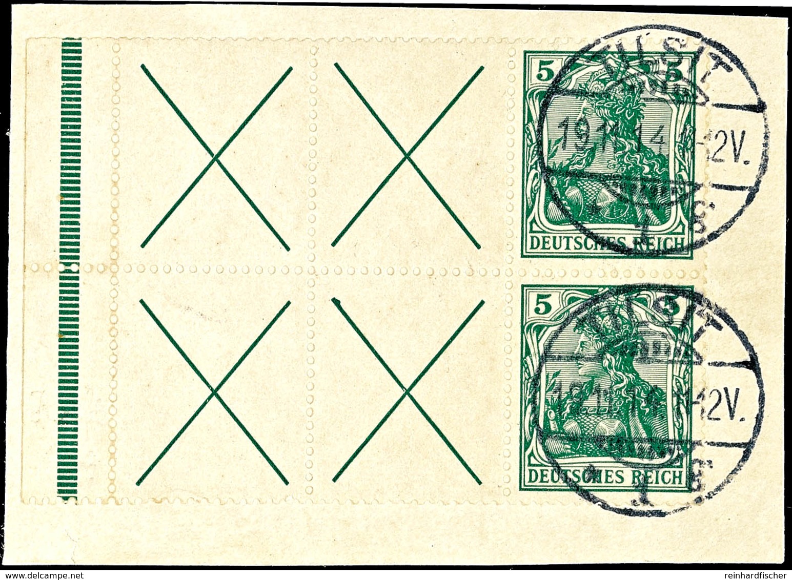 4389 Germania 1912, X+5 Pf. Heftchenblatt Mit Durchgezähntem Rand Mit Durchgehender Strichleiste Auf Briefstück, Jede Ma - Altri & Non Classificati