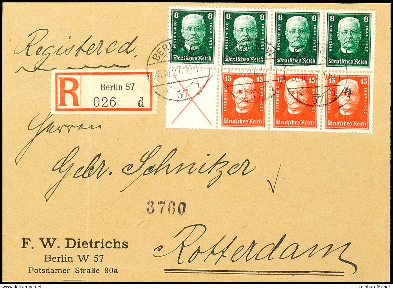 4420 Hindenburgspende 1927, Heftchenblatt (ohne Rand) Auf Auslands-R-Brief-Vorderseite (gefaltet) Von BERLIN 26.10.27 Na - Altri & Non Classificati