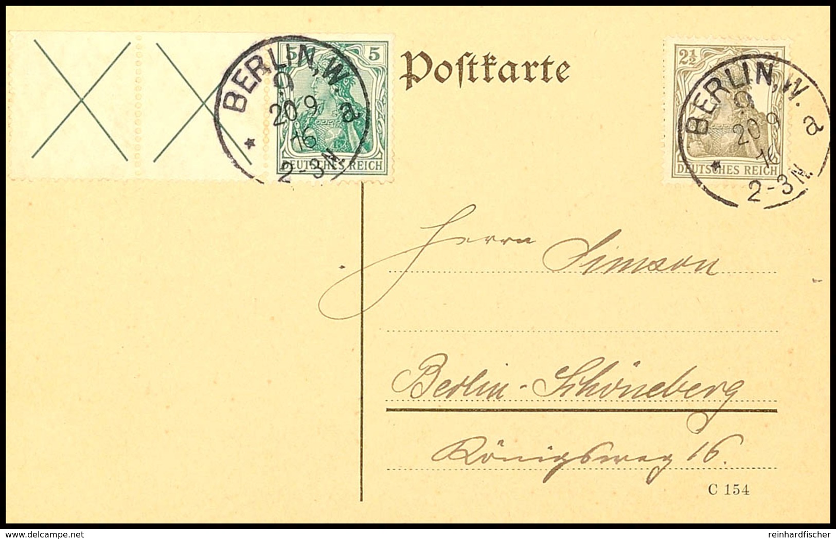 4438 X+X+5 Pf. Germania (mittleres Andreaskreuz 1 Ecke Stumpf) Mit Zusatzfrankatur 2½ Pf. Portorichtig Auf Ortspostkarte - Altri & Non Classificati