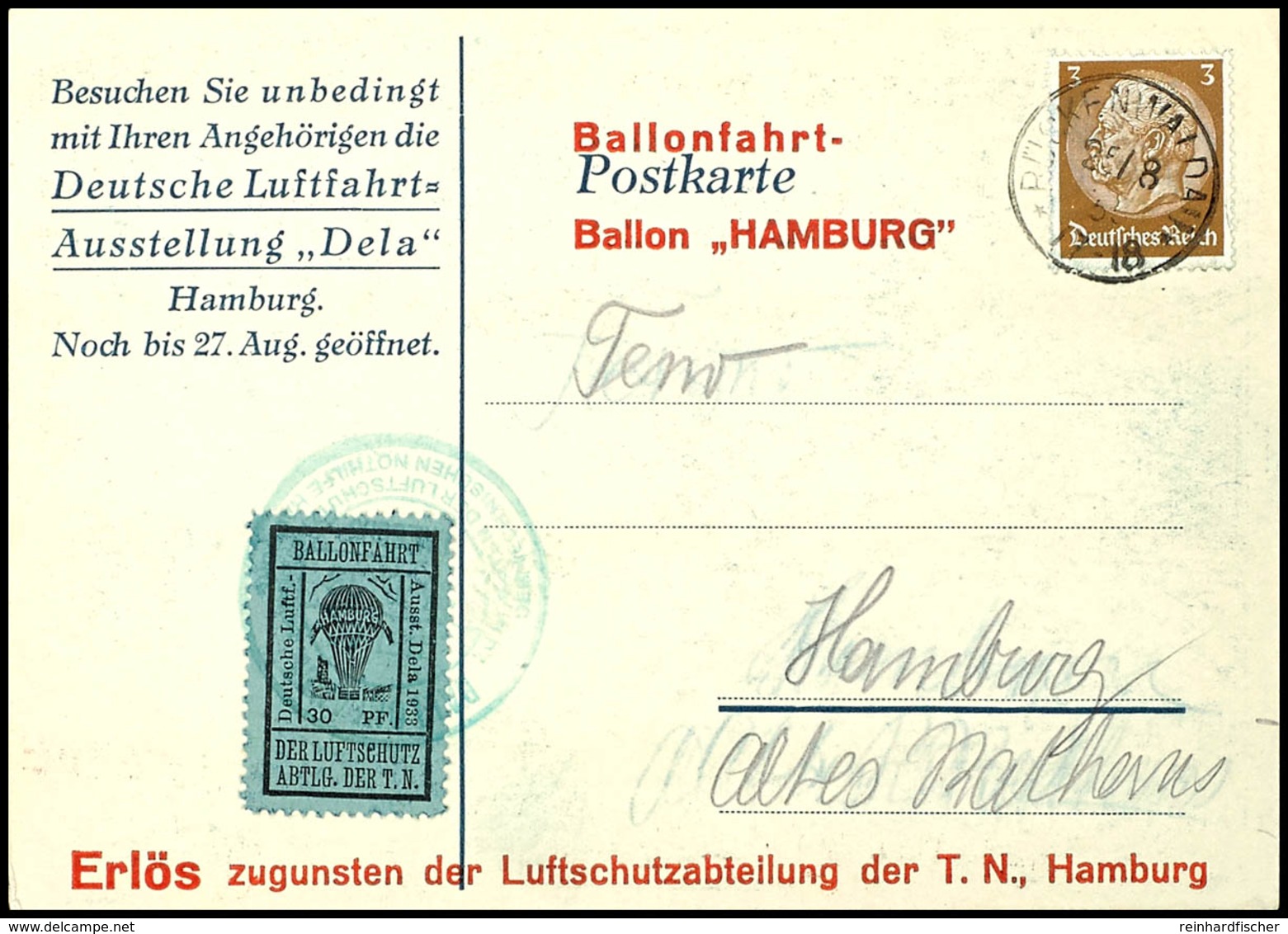 4658 30 Pfg. Ballonfahrt Schwarz Auf Hellultramarin Auf Entsprechender Sonderkarte Mit 3 Pfg. Hindenburg Aus RÜCKENWALDA - Airmail & Zeppelin