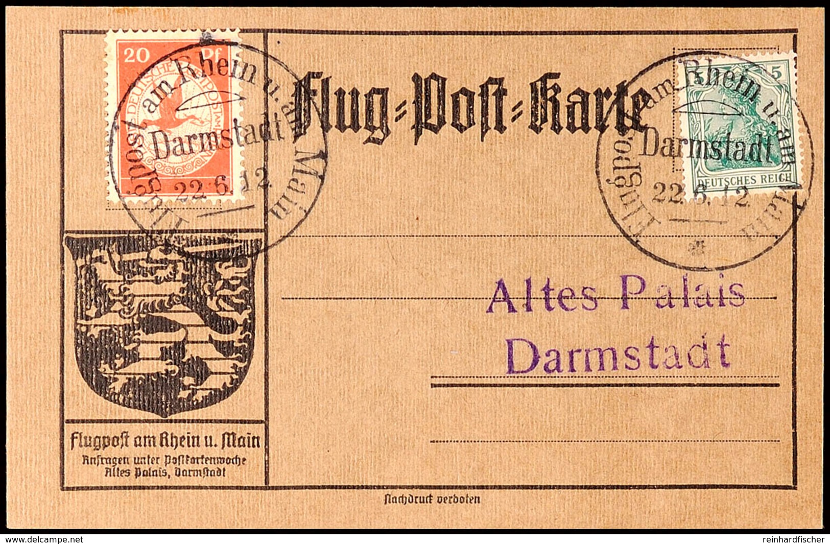 4677 DARMSTADT 22.6.12, Flugpostmarke 20 Pfg, Graubraune Flugpostkarte, Gerippter Karton, Adressstempel "Altes Palais Da - Other & Unclassified