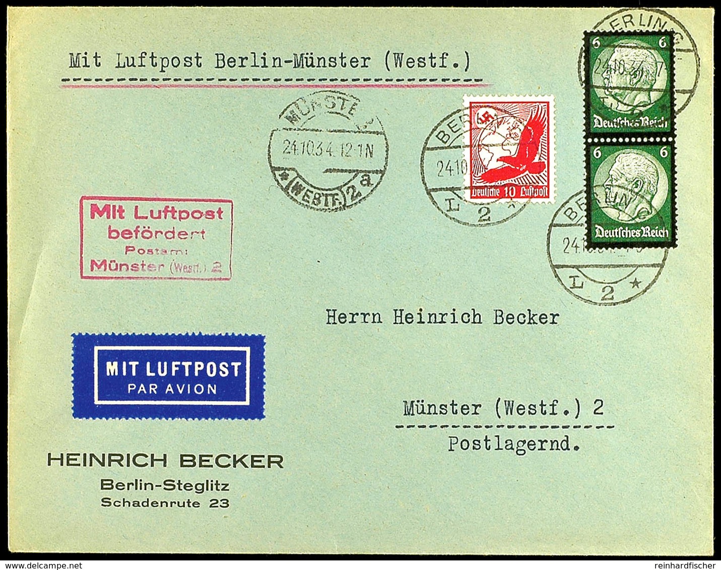 4698 Berlin C2 24.10.1934 - Münster, Brief, MLb Münster 2, (F 78/01 A), Katalog: 530,550(2 BF - Other & Unclassified