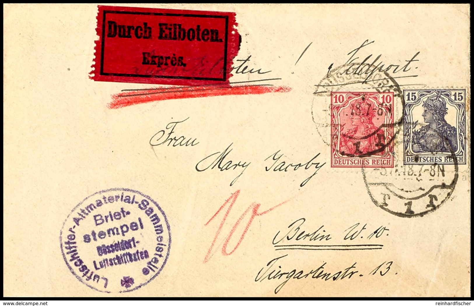 4701 1918, "Luftschiffer-Altmaterial-Sammelstelle Düsseldorf-Luftschiffhafen", Briefstempel Klar Auf Eilboten-Feldpostbr - Altri & Non Classificati
