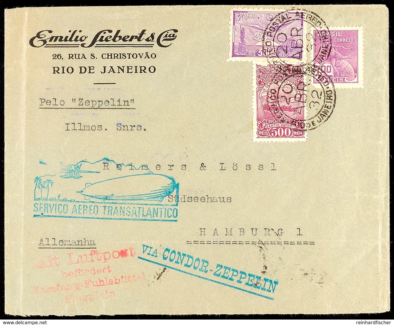 4724 1932, 3.SAF, Brasilianische Post, Brief (gefaltet) Mit Blauem Bestätigungsstempel, Katalog: Si.151B BF - Altri & Non Classificati
